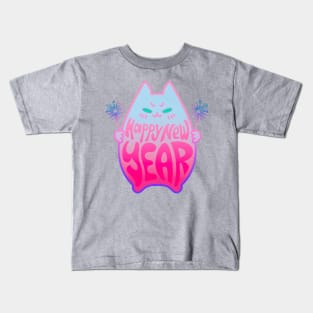 Happy New Year Cat Celebration #5 Blue Pink Purple Kids T-Shirt